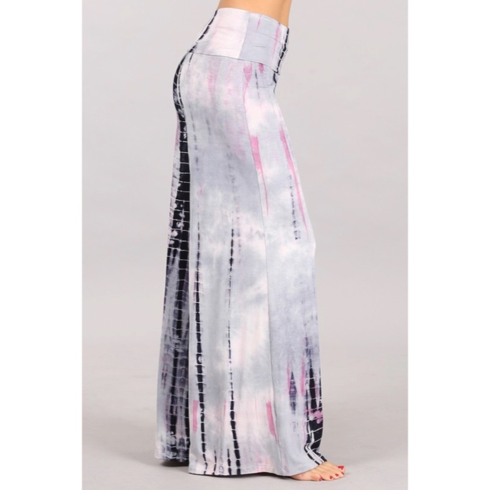 Silver & Pink Tie Dye High Waist Bohemian Wide Leg Palazzo Lounge Casual Pants - Picture 4 of 6